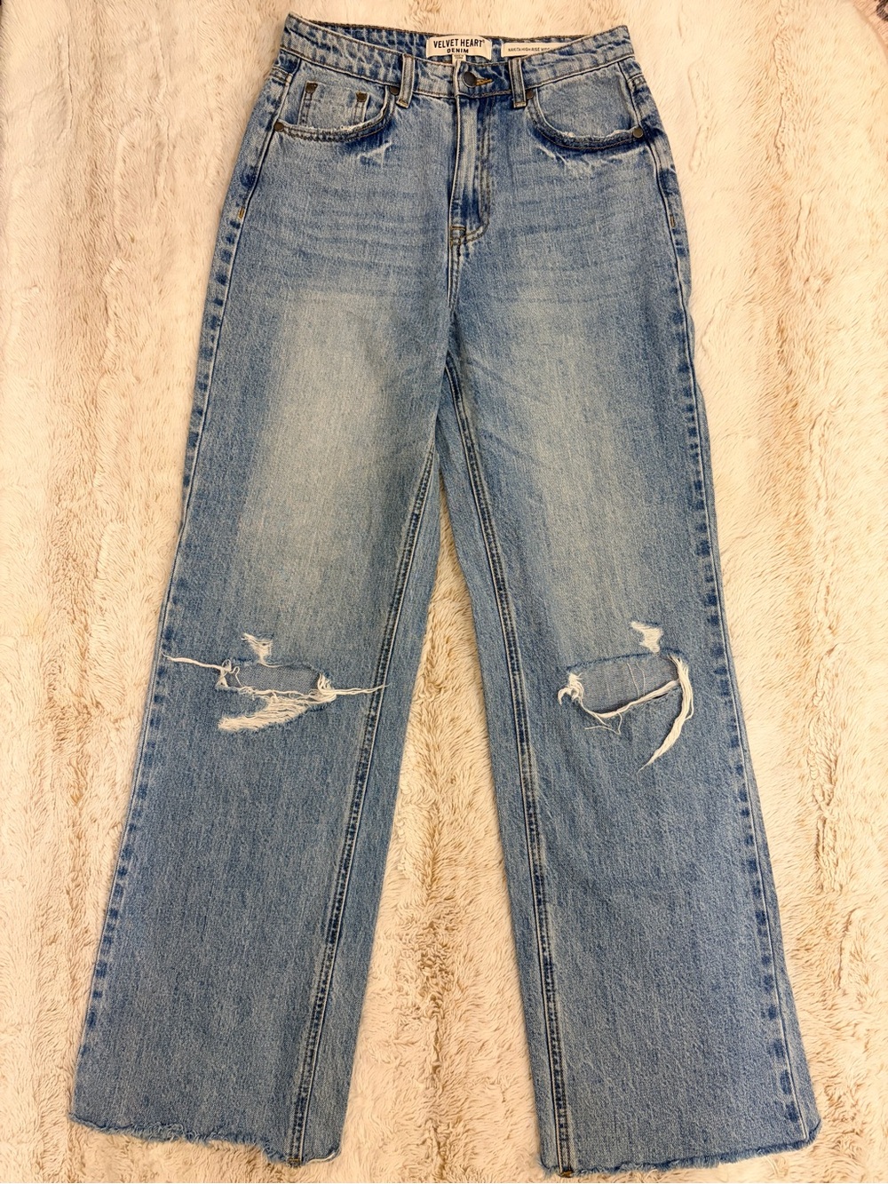 👖 Velvet Heart Premium Denim Distressed High Rise Wide Leg Jeans Cotton Y2K 90s